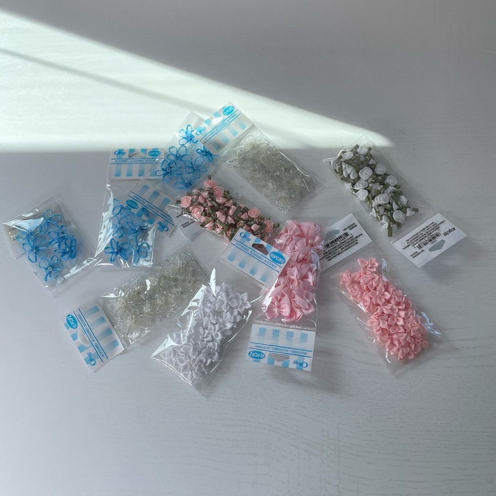 Assorted Small Craft Embellishments - bows & flowers - Pink, White, Blue, Green